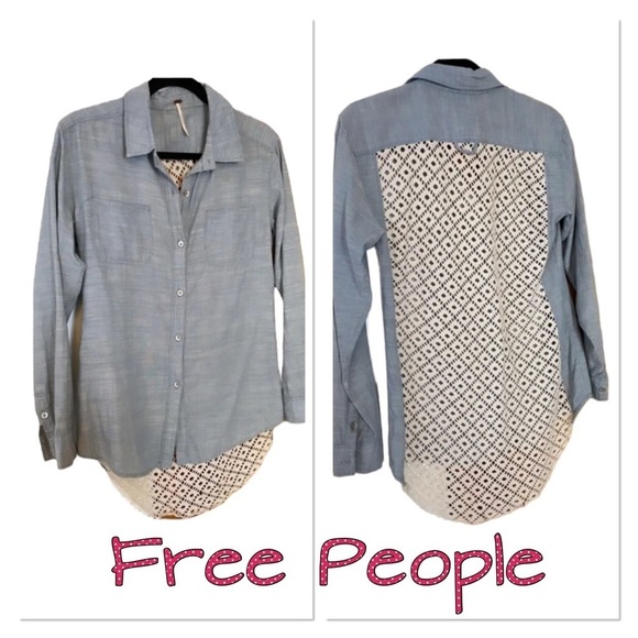 Free People Chambray Top Sz S Denim Lace - Picture 2 of 6